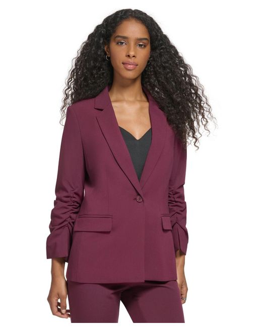 Calvin Klein Ruched Sleeve One Button Blazer in Purple | Lyst