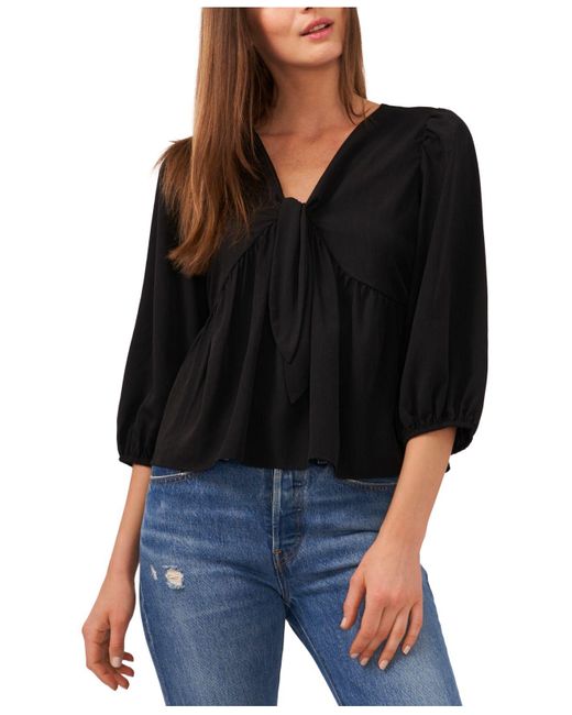 Riley & Rae Synthetic Tie-front Puff-shoulder V-neck Blouse in Black | Lyst