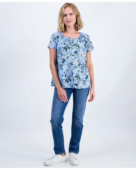 Style & Co. Blue Petite Printed Split Neck Top