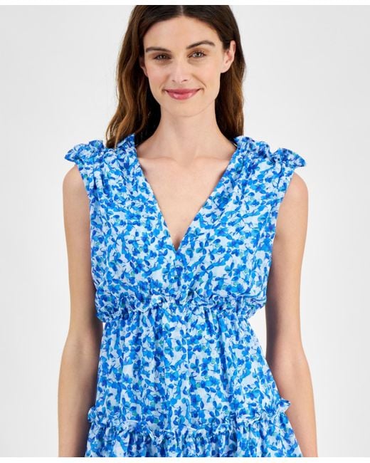 Taylor Blue Petite Floral-print Tiered A-line Dress