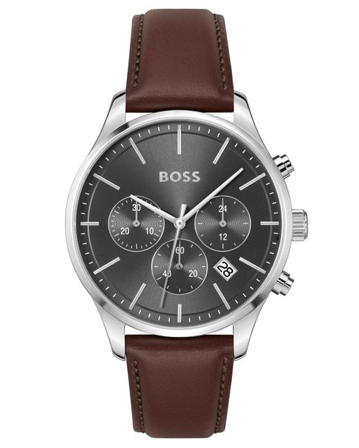 Boss Gray Chronograph Avery Brown Leather Strap Watch 42mm for men