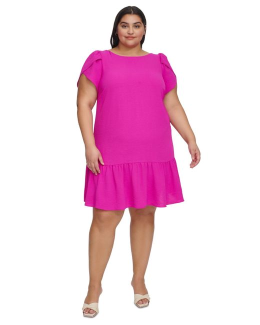 DKNY Pink Plus Size Tulip-sleeve Ruffled-hem Shift Dress