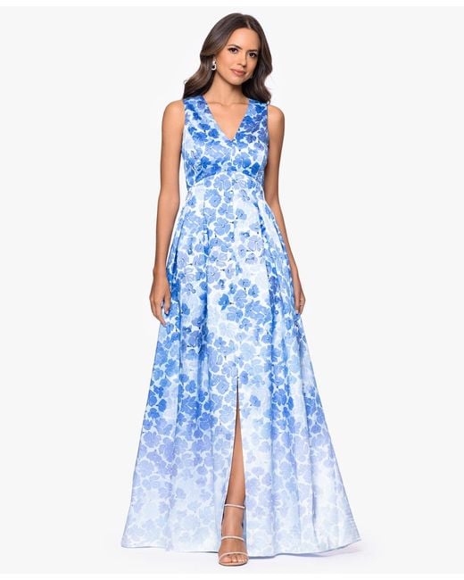 Betsy & Adam Petite V-neck A-line Gown in Blue | Lyst