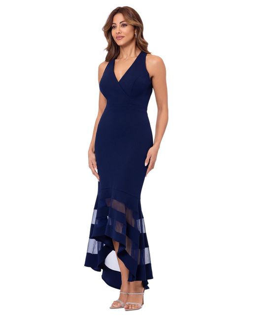 Xscape Blue Petite Scuba Crepe Sheer-stripe High-low Dress
