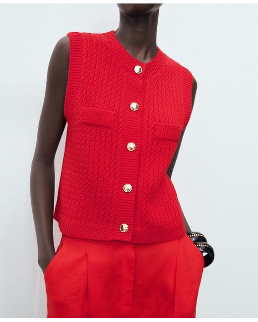 Mango Red Buttoned Chunky-knit Vest