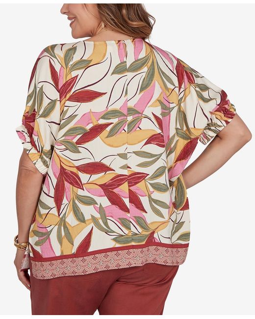 Ruby Rd Plus Size Textured Leaf Print Short-sleeve Top