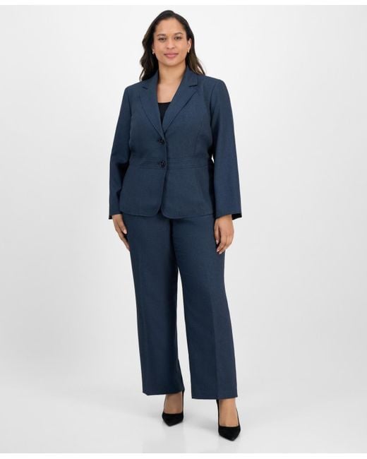 Le Suit Blue Plus Size Notched Collar Wide-leg Pantsuit Set