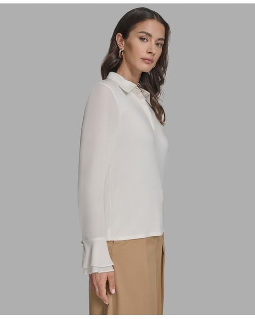 BCBGMAXAZRIA Multicolor Long Sleeve Ruffle-cuff Collared Top