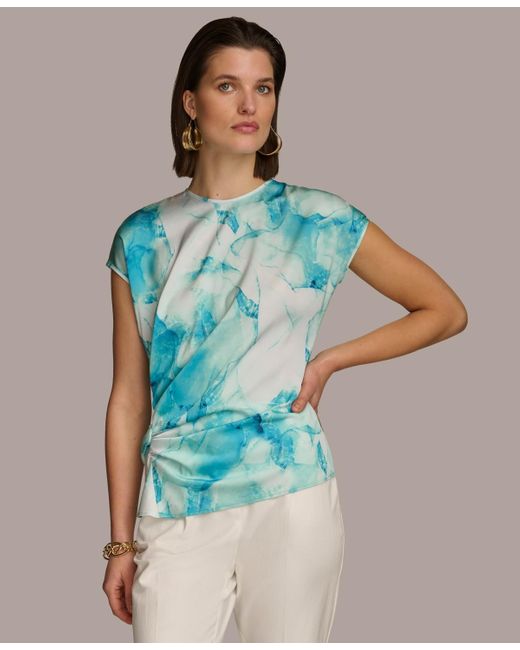 Donna Karan Blue Printed Side-ruched Short Sleeve Top
