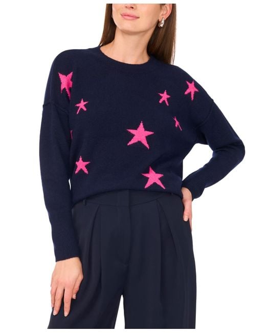 Vince Camuto Blue Cozy Crewneck Star-print Dropped-shoulder Sweater