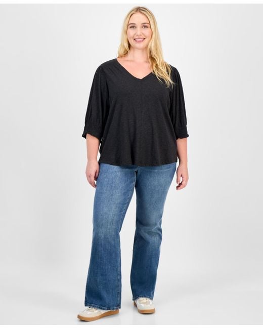 Democracy Black Trendy Plus Elbow-sleeve Smocked-cuff Blouse