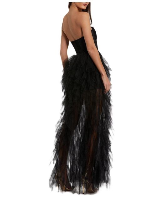 Mac Duggal Black Strapless Bustier Net Gown With Spiral Ruffles