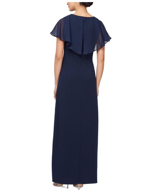 Sl Fashions Blue Petite Chiffon Cape-overlay Long Dress