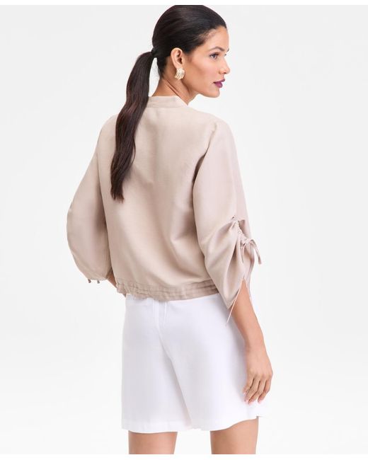 INC International Concepts White Tie-sleeve Chambray Tie-waist Blouse