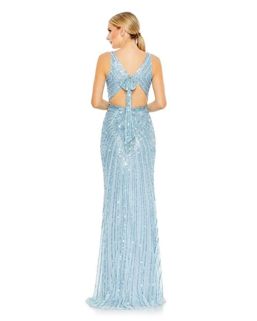 Mac Duggal Blue Sequined Faux Wrap Sleeveless Gown