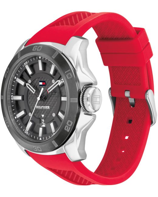 Tommy Hilfiger Gray Quartz Red Silicone Watch 46mm for men