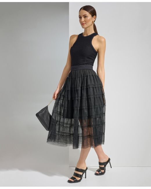 DKNY Black Tiered Tulle Midi Skirt