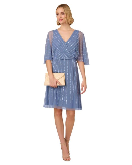 Adrianna Papell Blue Bead Embellished Flutter-sleeve A-line Dress