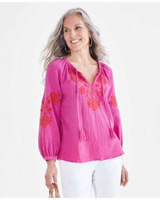 Style & Co. Pink Petite Nala Embroidered Popover Peasant Blouse