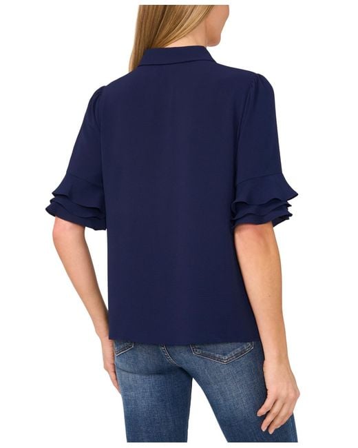 Cece Blue Button-front Ruffled 3/4-sleeve Blouse
