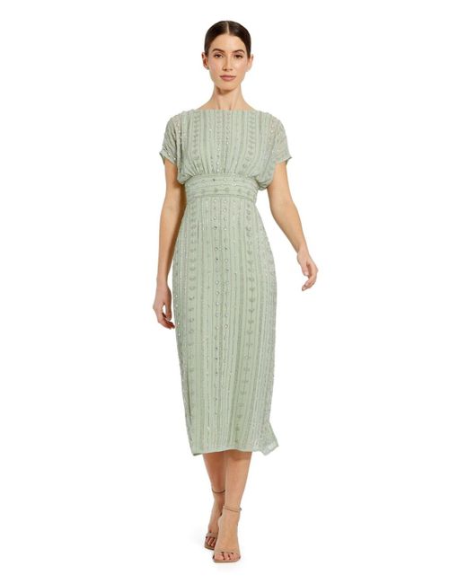 Mac Duggal Green Beaded Cap Sleeve Column Midi Dress