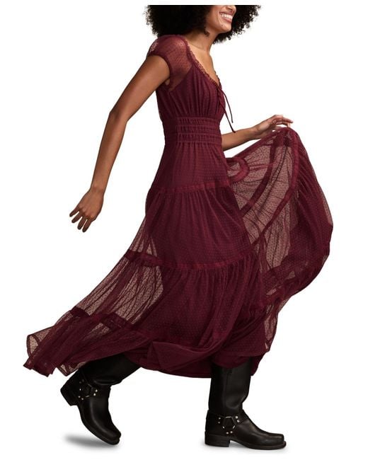 lucky brand red dress Lucky Brand Women's Simone Printed Lace-Trim Midi Dress - Red Ditsy