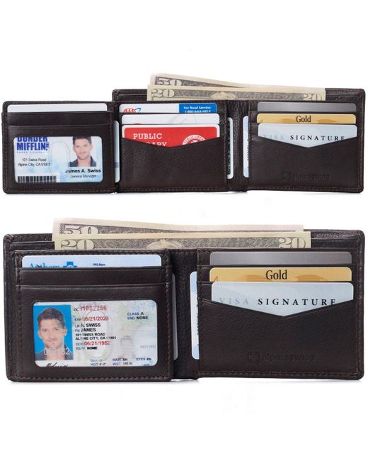 Alpine Swiss Leather Rfid Bifold Wallet 2 Id Windows Divided Bill