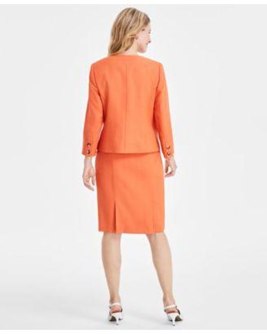 Kasper Orange Textured Open Front Jacket Pencil Skirt