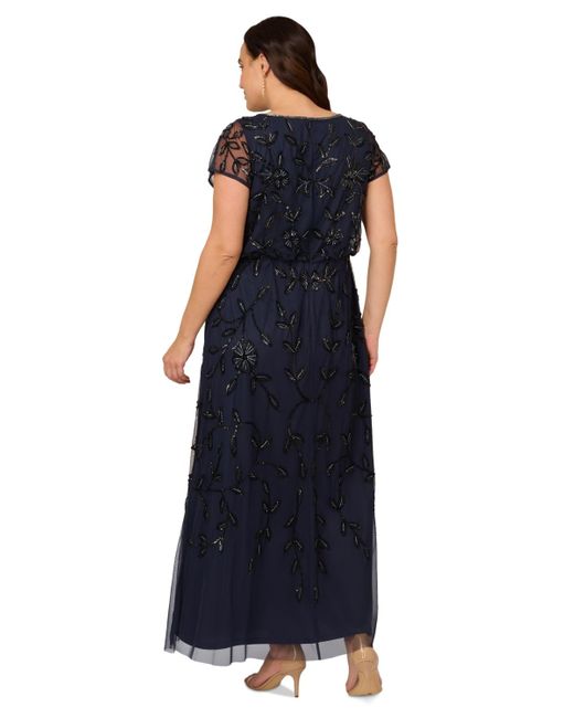 Adrianna Papell Blue Plus Size Blouson Beaded Short-sleeve Gown