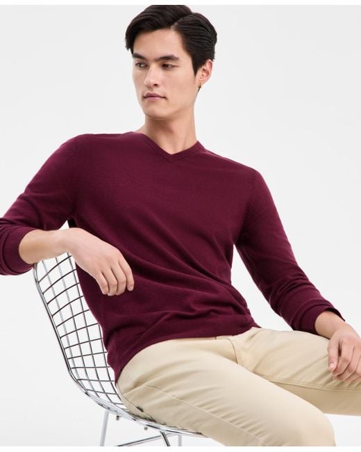 Alfani Men's Red Solid V-neck Cotton Sweater