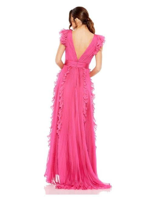 Mac Duggal Pink Pleated Ruffle Cap Sleeve Flowy A Line Gown