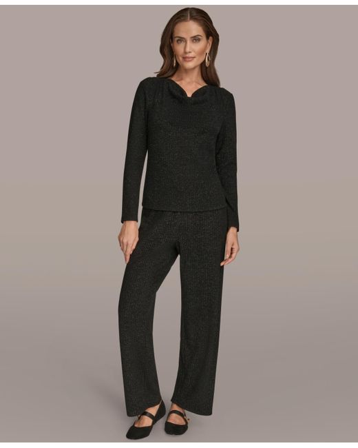 Donna Karan Black Long Sleeve Metallic Rib Knit Top