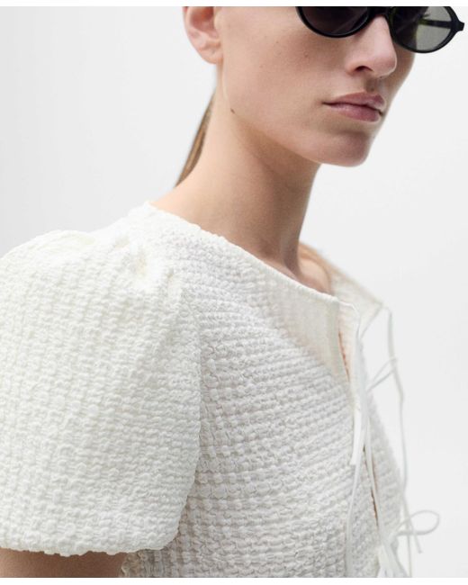 Mango White Bow Closure Textured Blouse