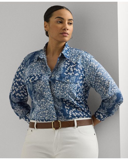 Lauren by Ralph Lauren Blue Plus Size Cotton Floral Patchwork Shirt