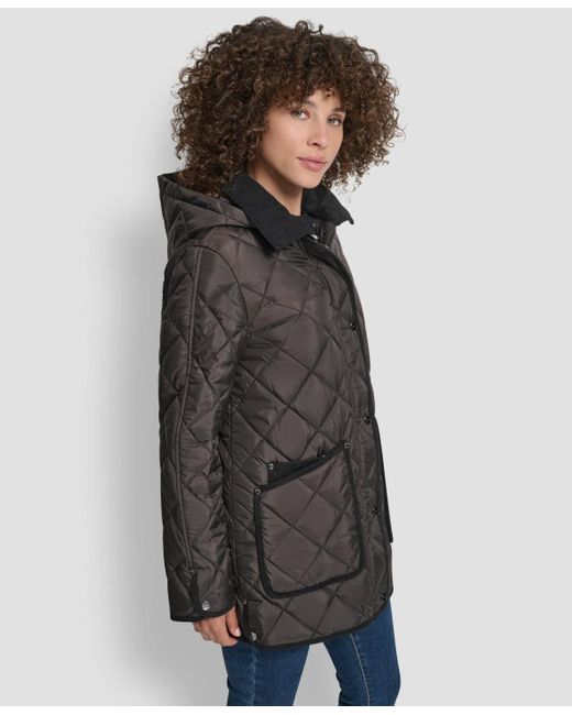 DKNY Gray Corduroy Collar Hooded Quilted Coat