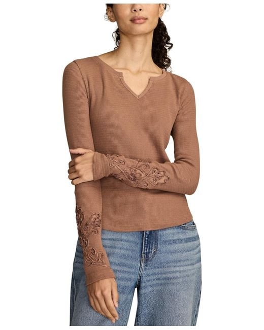 Lucky Brand Women's Blue Cutwork Notch Neck Top
