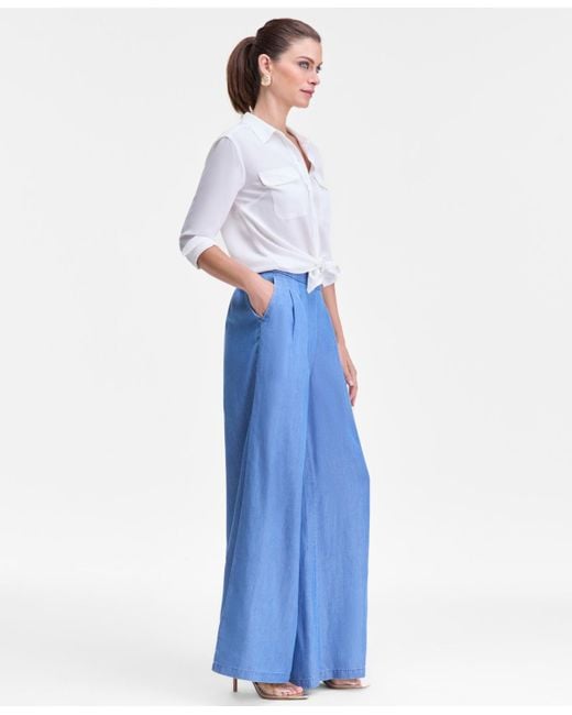 INC International Concepts Blue High-rise Pleated Pull-on Wide-leg Pants