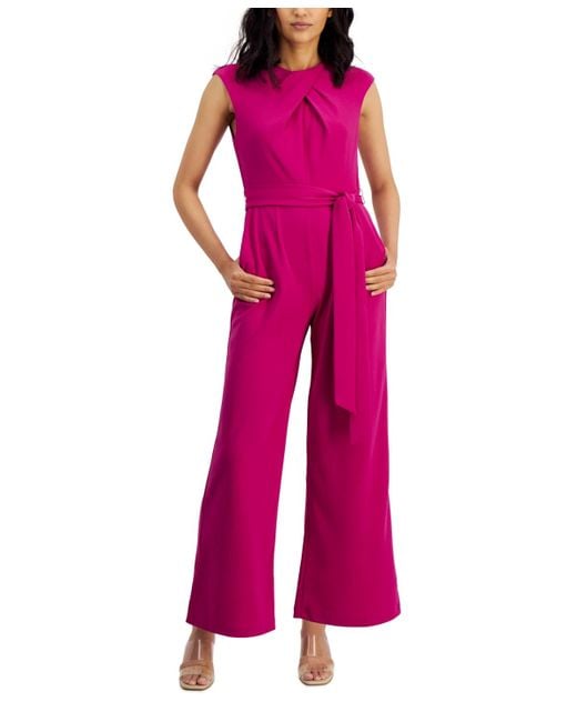 Tahari Pink Petite Sleeveless Belted Jumpsuit