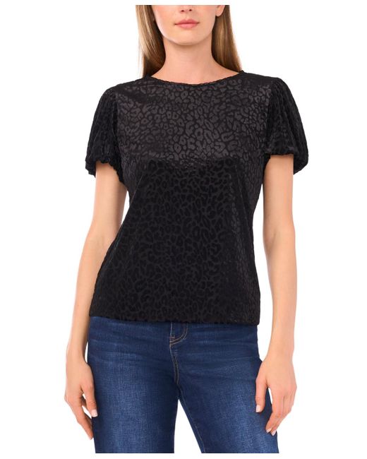 Cece Black Velvet Puff Short Sleeve Crewneck Blouse