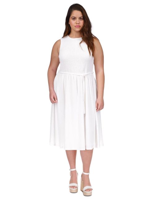 Michael Kors White Michael Plus Size Smocked Midi Dress