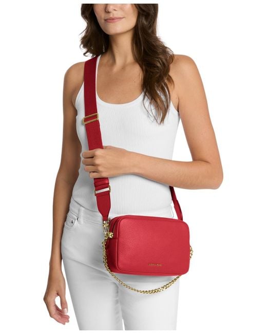 Michael Kors Red Bryant Medium Leather Double Zip Chain Camera Crossbody