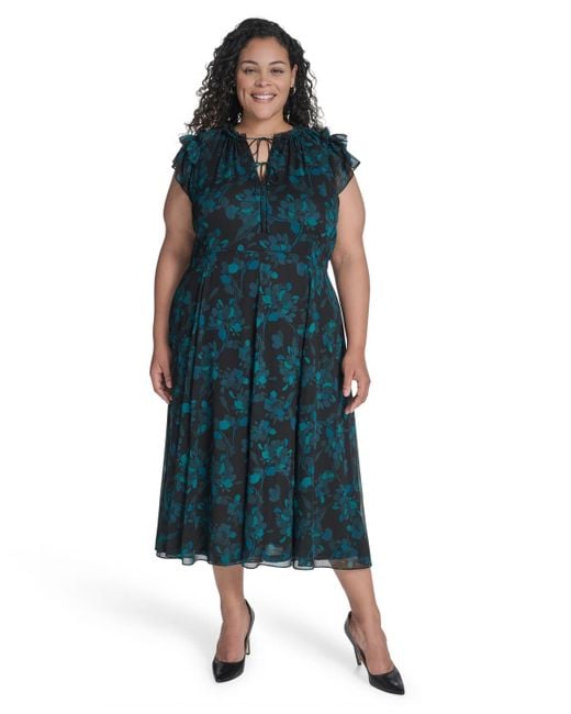 Tommy Hilfiger Women's Blue Plus Size Long Sleeve Midi Dress