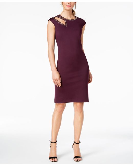 Lyst Calvin Klein Embellished Cutout Sheath Dress In Purple Calvin Klein Purple Embellished Cutout Sheath Dress Lyst