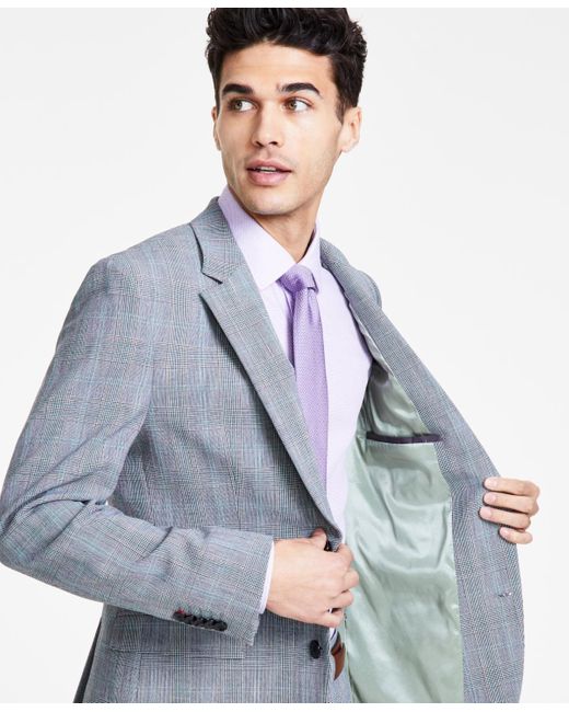 HUGO Blue Boss Slim Fit Gray Plaid Superflex Suit Jacket for men