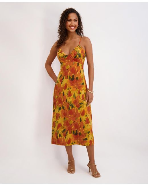 Siena Jewelry Orange Printed Satin Sleeveless V-neck Maxi Dress