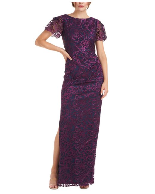 JS Collections Purple Flutter-sleeve Embroidered Gown