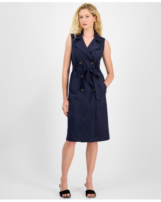 Julia Jordan Faux-suede Sash-belt Notch-lapel Dress in Blue | Lyst