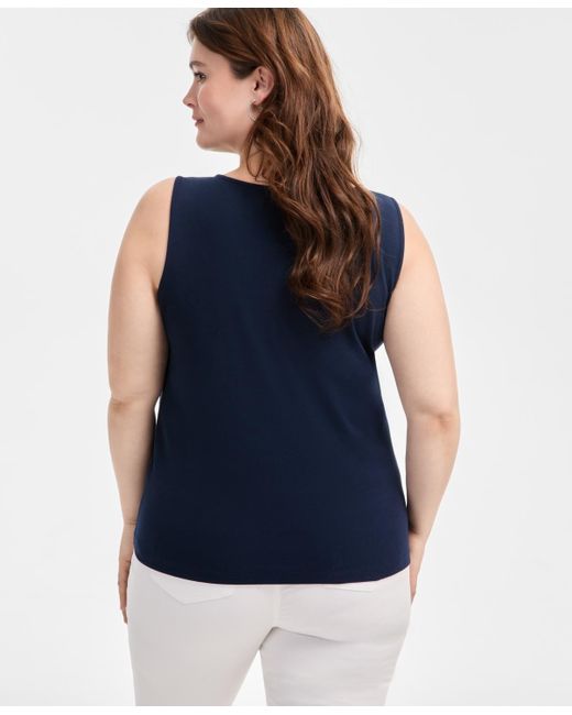 Style & Co. Blue Plus Size Solid-color Scalloped V-neck Tank Top
