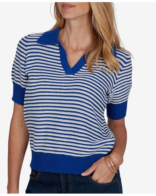 Ruby Rd Blue Petite Two-tone Collared Elbow-sleeve Sweater