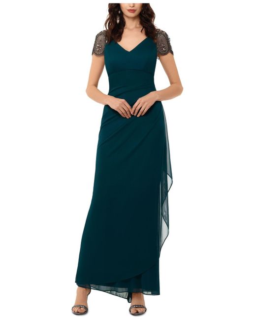 Xscape Green Beaded Cap-sleeve Gown, Regular & Petite Sizes